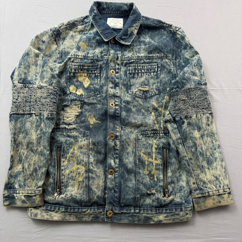 Track 23 Mens Acid Wash Denim Jacket Gold Paint Splatter Moto Distressed Blue